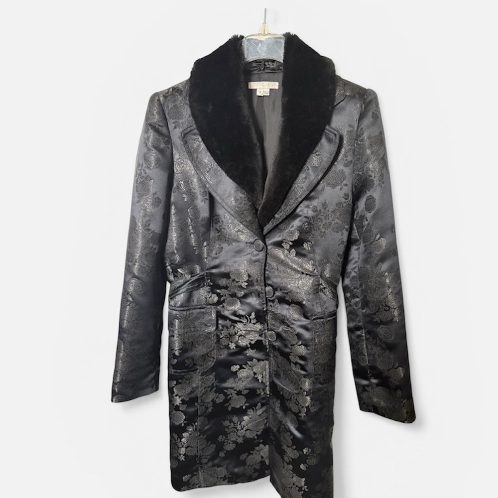 Vintage‎ Brocade Floral Long Coat with Faux Fur Collar